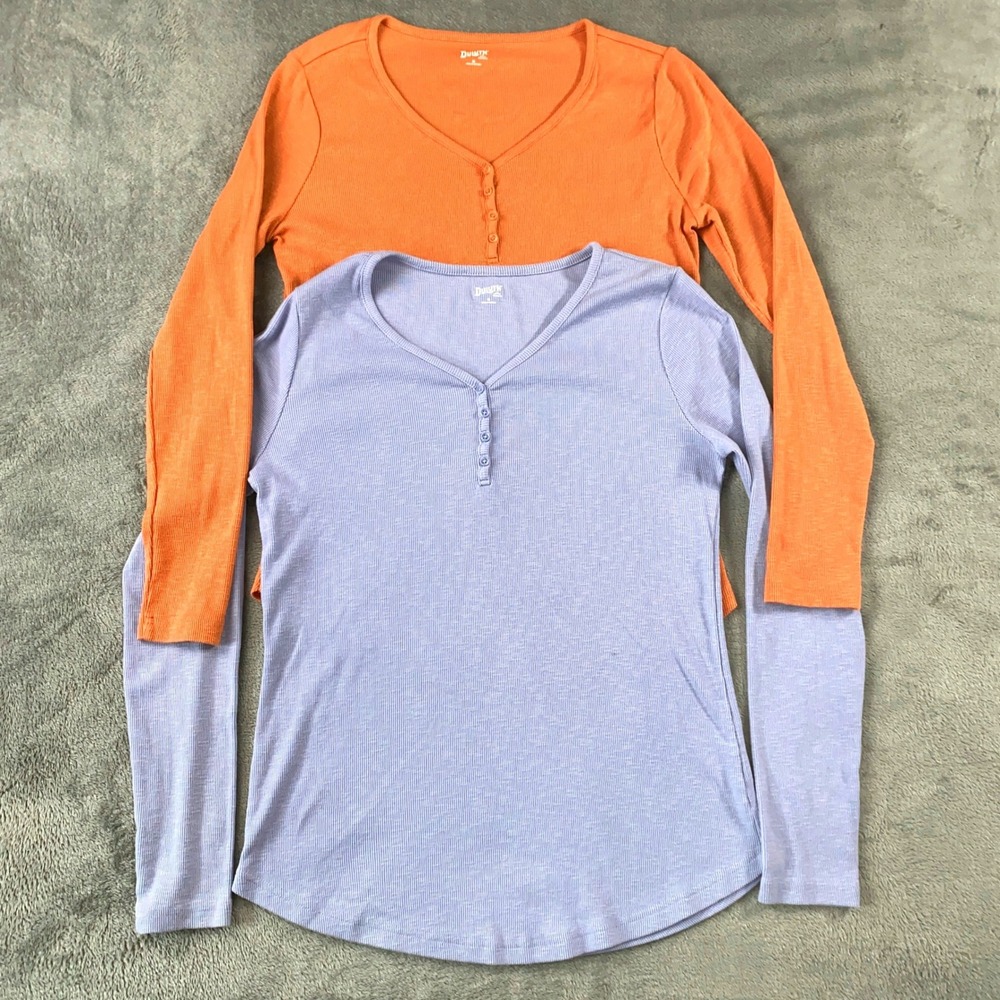 Duluth Trading Co Henley Shirt Womens Medium Orange Blue Ribbed Long Sleeve 2PK